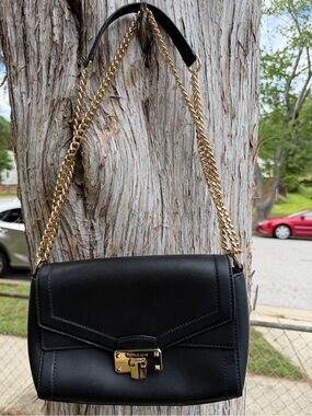 Black Leather Crossbody Bag with Gold Chain Strap